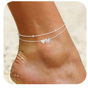 Chevillère minimaliste double couche avec initiale en forme de cœur - Bracelet de cheville perlé argenté pour femme, bijou de pied de plage - Product Image 5