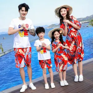 High quality summer holiday floral pattern cotton knitted family matching outfits