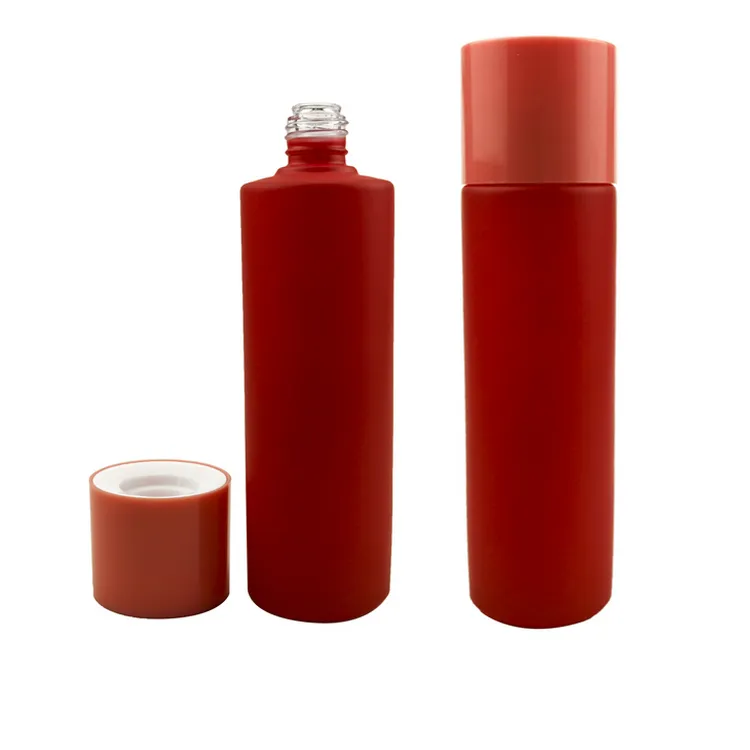 लक्जरी 200ml लाल पाले सेओढ़ लिया चेहरे की कॉस्मेटिक पैकेजिंग स्किनकेयर फ्लैट कंधे ग्लास टोनर बोतल चांदी लाल पेंच ढक्कन के साथ