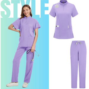 Conjunto <span class=keywords><strong>de</strong></span> Uniforme Médico para Mujer <span class=keywords><strong>de</strong></span> Color Sólido con Cuello Alto <span class=keywords><strong>y</strong></span> Pantalones <span class=keywords><strong>de</strong></span> Pierna Recta en Tejido Elástico para Enfermeras <span class=keywords><strong>de</strong></span> Hospital - Product Image 6