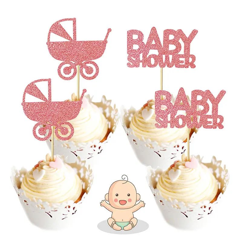 12 pz/set Glitter Paper Baby Girl carrier Cake Topper Pink Cake Cupcake Topper decorazioni per Baby Shower