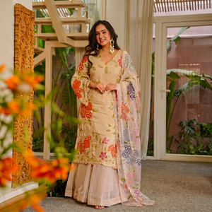 <b>Women</b> Ethnic <b>Kurta</b> Set Floor Length Floral Sequin Embroidered Soft Tebbi Silk Quick Dry Suit with Dupatta Party Wear - Product Image 1
