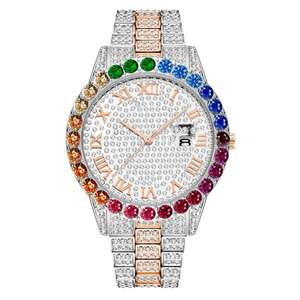 Reloj de Cuarzo para Hombre, Lujoso, con Incrustaciones de Diamantes, Acero Inoxidable, Analógico, Números Romanos, Ventana de Fecha, Resistente al Agua, Bisel Arcoíris, Navidad - Product Image 3