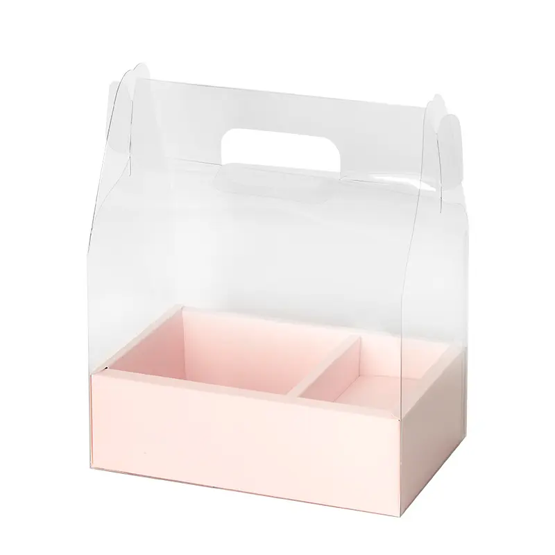 ขายส่งกล่องบรรจุภัณฑ์กระดาษแข็งแบบพกพาพีวีซีวันแม่สีขาวสีชมพูเค้กโปร่งใสกล่องดอกไม้ที่มีการจัดการ