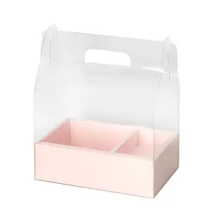 Wholesale Packaging Box Portable Cardboard PVC Mothers Day White Pink Transparent Cake Flower Box with Handle