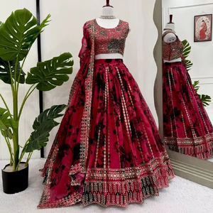 Lehenga Choli de haute qualité en organza brodé imprimé numériquement, séchage rapide, avec dupatta, couleur bordeaux, vêtements indiens et pakistanais - Product Image 1