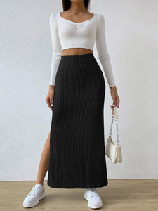 Women's Fashion Casual Half length <b>Skirt</b> Spring/Summer Black Pit Strip A-line High Waist <b>Split</b> Long <b>Skirt</b> - Product Image 2