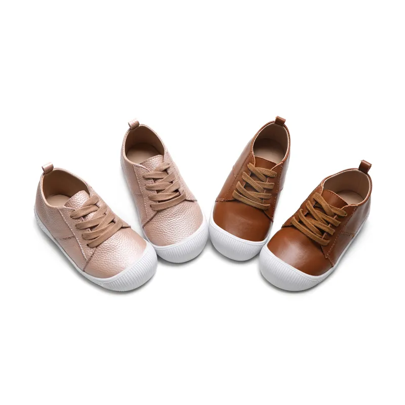 Factory wholesale shoelace design children shoes leather kids walking shoes soft rubber soled children casual shoes