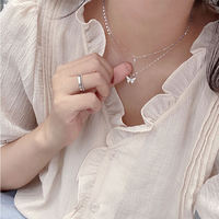 Nouveau Design Bijoux Cadeau 925 Sterling Silver Brillant Double Couche Clavicule Chaîne Papillon Collier Pour Dames