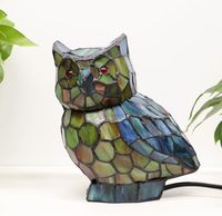 Lampe de table style moderne en forme de hibou, avec verre teinté bleu et vert, alimentation électrique