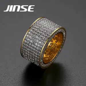 JINSE 다이아몬드 큰 힙합 보석 구리 황동 마이크로 포장 CZ 반지 힙합 골드 도금 반지
