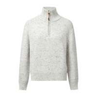 Damen Viertelreißverschluss-Pullover mit Rippenmuster, Lederzug und Stehkragen, Melierter Tweed-Jumper