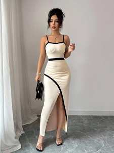 Abito <span class=keywords><strong>Lungo</strong></span> Elegante Premium con Spalline Sottili e Bordatura a Contrasto, <span class=keywords><strong>Vestito</strong></span> Aderente da Donna a Vita Alta con Dettagli Arricciati e <span class=keywords><strong>Spacco</strong></span> Laterale, Ideale per Invitate a Matrimoni - Product Image 6
