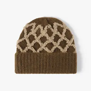 高品质男女日用保暖冬帽经典亚克力空白定制标志针织袖口豆豆