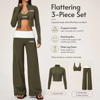 Nouvel ensemble de yoga 3 pièces pour femme : veste courte zippée, soutien-gorge de sport à col en V et pantalon large taille haute