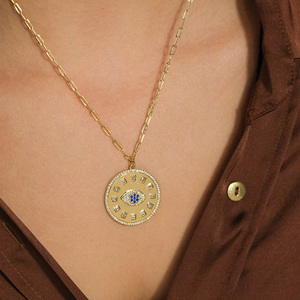 Yellow Gold Evil Eye CZ Sun Dial <strong>Coin</strong> Pendant <strong>Necklace</strong> - Product Image 2
