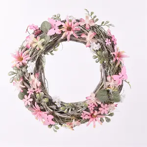 GY BSCI Spring Rattan Handmade Hanging Crafts Pink Wooden Butterfly Flowers Door Wreath