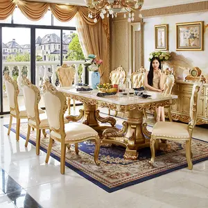 यूरोपीय शैली की संगमरमर आयताकार मेज और कुर्सी संयोजन विला रेस्तरां घरेलू ठोस लकड़ी पर नक्काशी डाइनिंग टेबल सेट