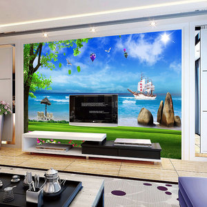 Mural de Hotel Mediterráneo, papel tapiz de cielo azul, nubes blancas y paisaje marino, papel tapiz de árbol de coco, de Hotel Fondo, tela de pared - Product Image 5