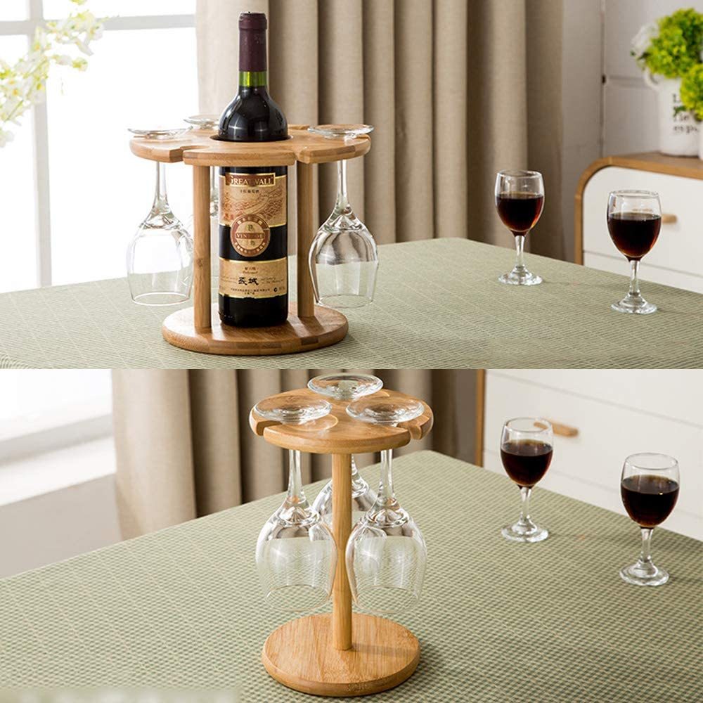 Relaxdays Porte-verres à vin en bambou pour 6 verres - Rond - Diamètre : 25 cm - Cadeau de bar - Avec porte-bouteille de vin - Naturel - 1 pièce