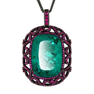 Premium Eco-friendly Copper Black Gold Plated Jewelry 20*<b>28mm</b> Green Cubic Zirconia Minimalist Large Hollow Pendant Necklace - Product Image 1
