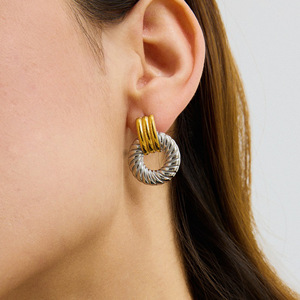Boucles d'oreilles pendantes à vis en acier inoxydable bicolore or et argent, bijoux géométriques tendance - Product Image 4