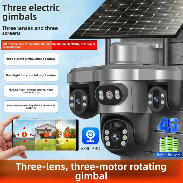 V380 6MP WiFi&4G Three-lens Solar PTZ Camera 360 View Night Vision Indoor Outdoor Security Built-in Mic H.265AI 2-way Audio