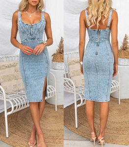 Vestito Estivo da Donna in Denim Elasticizzato, Sexy, con Scollo Quadrato <span class=keywords><strong>a</strong></span> <span class=keywords><strong>U</strong></span>, Senza Maniche, Aderente, con Spacco e Schiena Scoperta - Pronta Consegna All'ingrosso - Product Image 3