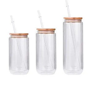 Benutzer definierte klare 12oz 16oz 25oz Becher Tasse Bierdose Glas Schneekugel Becher mit Bambus deckel und Stroh