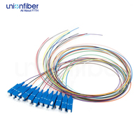 12 Core Bundle Tail Fiber SC UPC SM Pigtail G657A OS2 0.9mm LSZH PVC 1.5M 12Core Bundle Fiber Optic Pigtail untuk FTTH Pusat Data