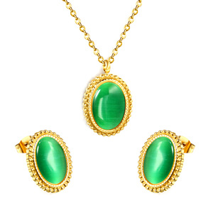 Conjunto de pendientes y collar de piedra ojo de gato ovalada, joyería fina para mujer, engaste de bisel de acero inoxidable, uso diario - Product Image 5