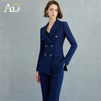 ODM OEM 2024 bleu foncé coupe ajustée bouton avant col en v blazers de bureau d'affaires luxe haut de gamme femmes travail costume et manteaux en gros