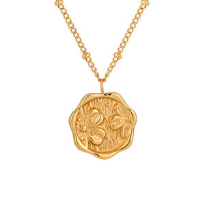 18K Gold Plated Stainless Steel Vintage Charm Pendant <strong>Necklace</strong> Engraved Cherry Blossom <strong>Coin</strong> <strong>Necklace</strong> Women Jewelry - Product Image 1