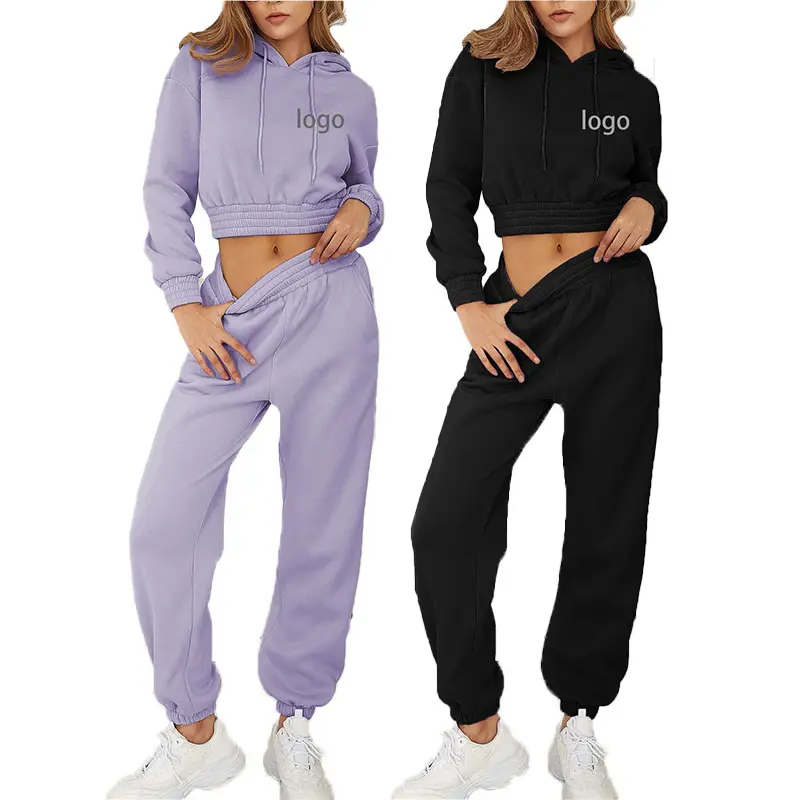 Özel kadın setleri yüksek kalite kadınlar Casual Hoodie kırpma üstler ve pantolonlar katı renkler iki parçalı Sweatsuits setleri