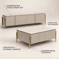 Ensemble de meuble TV et table basse WYRAX en deux pièces avec dessus aspect marbre blanc, coins arrondis, pieds dorés et rangement