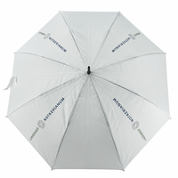 Parapluie droit automatique à 8 baleines, blanc, avec logo personnalisé, poignée en J courbée noire, longue tige, pour publicité d'entreprise, exposition et salon professionnel