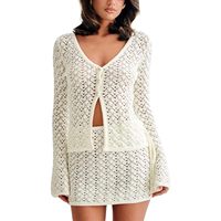 Conjunto de Dos Piezas de Ganchillo Blanco Personalizado 2026, Cuello en V, Manga Larga, Falda Línea A, Traje de Playa Hueco para Verano