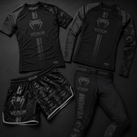 Ensemble 4 pièces noir et argent : short de boxe, maillot de compression, pantalon d'entraînement MMA 100% polyester extensible à séchage rapide, logo personnalisé OEM ODM