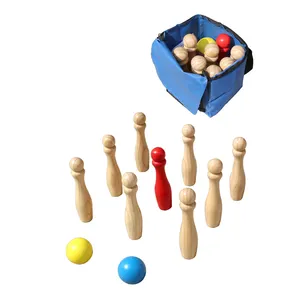 Lawn Bowling Game Set with 10 Wooden Pins and 2 Balls in Mesh Bag Indoor and Outdoor Fun
