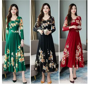 New Dress Women's Spring Autumn Bohemian Long Sleeve Round Neck Dress Mid-Length Over-the-Knee Floral Large Swing A-line Dress