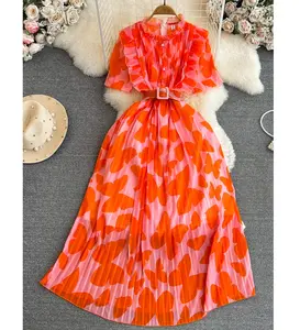 New Short Sleeve Stand Collar Ruffled Waist Slimming A-Line Print Dress Elegant Long Dress