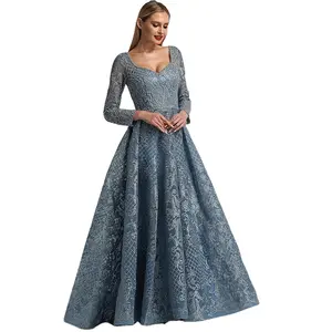 Blaue lange Ärmel A Linie Perlen Abendkleider Serene Hill LA60899 Plus Size formelle Party kleider für Frauen