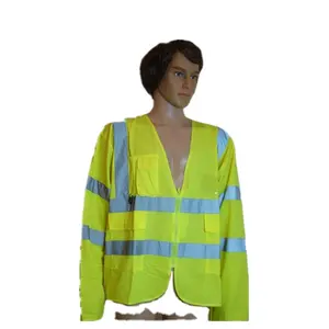 ขายส่ง แขนยาวความปลอดภัยสะท้อนแสง-หลายกระเป๋าเสื้อแขนยาวสีเหลืองเรืองแสงความปลอดภัยเสื้อกั๊ก