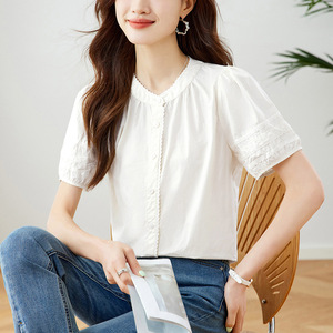 Chemisier en dentelle à col rond et manches courtes, Nouvelle collection été 2026, Style doux et chic - Product Image 3