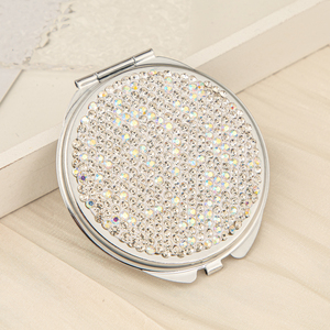 Portable Round Pastel Colorful Rhinestone Pocket Vanity <b>Mirror</b> Chrome Silver Frame Push Button Latch Dual HD Glass <b>Mirror</b> Gift - Product Image 3