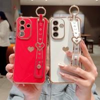 Coque de téléphone de luxe en TPU souple électroplaqué, antichoc, protection des quatre coins, motif cœur, avec support et miroir intégré