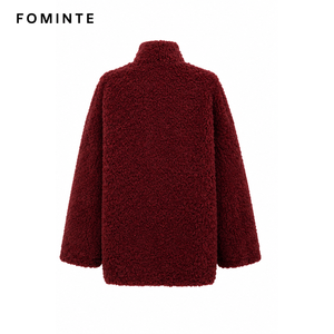 Chaqueta de forro polar boucle rojo vino al por mayor para <span class=keywords><strong>mujer</strong></span>, abrigo cálido de invierno de felpa sherpa de gran gramaje, estilo urbano y a la moda, en stock. - Product Image 2