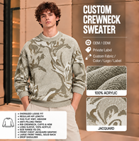 Pull ras du cou vert sauge pour homme en acrylique jacquard tricoté 5GG 480GSM, motif feuillage abstrait, épaules tombantes, vente en gros