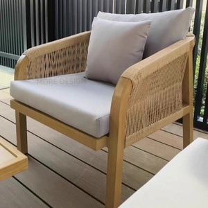 Divano in Alluminio con Finitura Effetto Legno Antiruggine, Cuscini Ergonomici e Corda Intrecciata per Balconi e Aree Relax - Product Image 5