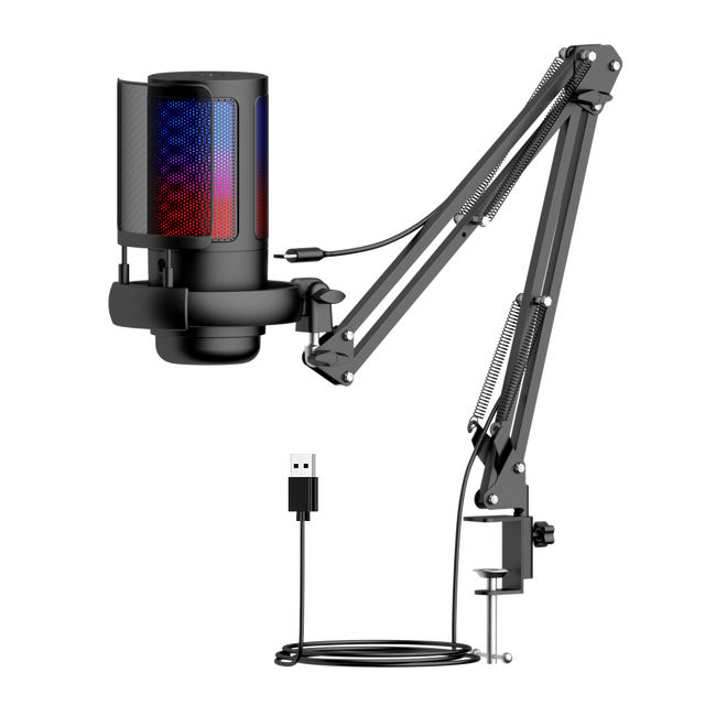 Professional USB/Type-C Condenser Microphone Adjustable Boom Arm RGB Lighting Cardioid Pickup for Streaming Recording Singing